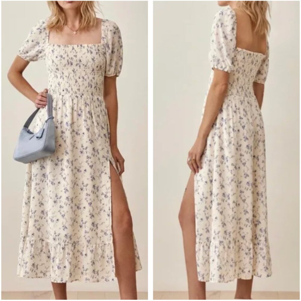 BEST Reformation Meadow Midi Dress Small Sinead Blue Cream Ivory Floral Party